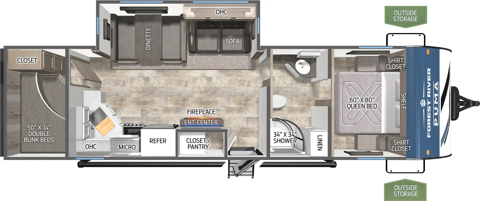 The Puma 28BHFQ floorplan has one entry and one slide out. Exterior features include: metal exterior and 21' awning. Interiors features include: bunk beds, front bedroom and pass through bathroom.